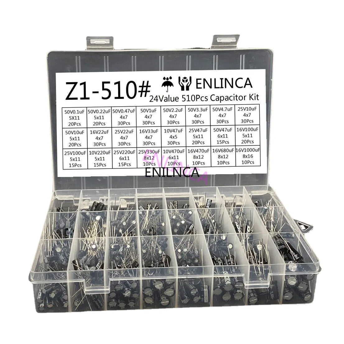 510Pcs/lot 0.1UF-1000UF 24Values Aluminum Electrolytic Capacitors 16-50V mix Electrolytic capacitor Assorted kit and storage box