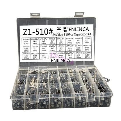510Pcs/lot 0.1UF-1000UF 24Values Aluminum Electrolytic Capacitors 16-50V mix Electrolytic capacitor Assorted kit and storage box