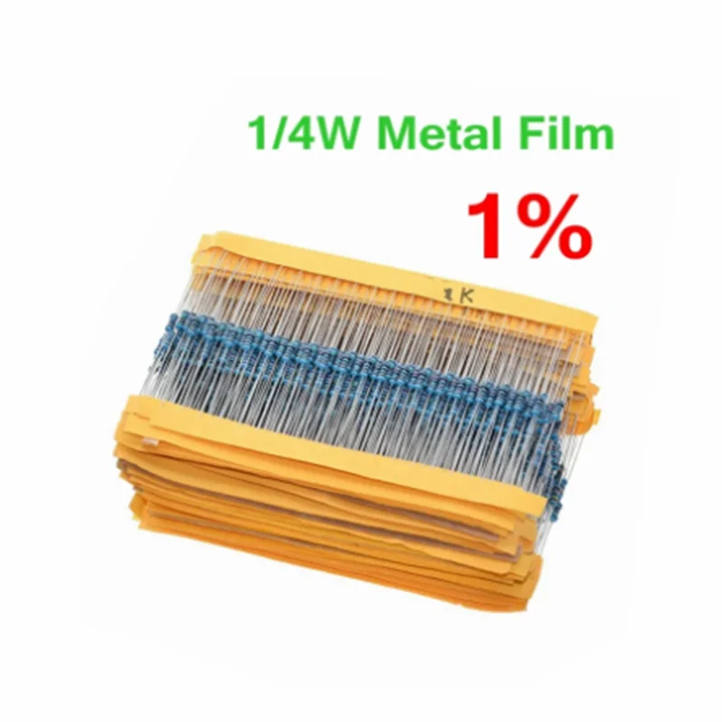 Resistor do filme do metal, resistência do ohm de 1R 22M 1% 100R 220R 1K 1,5 K 2,2 K 4,7 K 10K 22K 47K 100K 220 1K5 2K2 4K7, 100