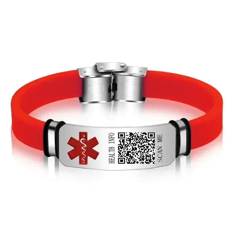 Functional Stainless Steel QR Code Health Wristband with Adjustable Emergency Medical ID Silicone Sports Wristband