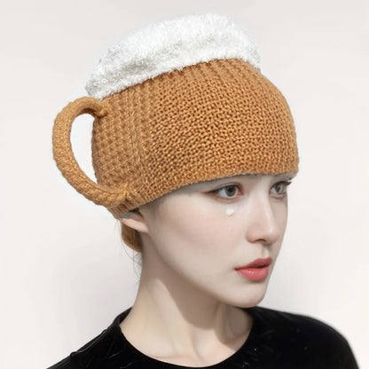 Novelty 3D Beer Mug Winter Hat Unisex Warm Beanie Cap Funny Gift for Beer Lovers Men Women Christmas Party Costume Accessory
