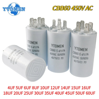 1PCS CBB60 Starting Capacitor 450VAC 4pin Double Insert Electric Replacement Motor Run Capacitors 4UF 5UF 6UF 8UF 16UF 20UF 60UF
