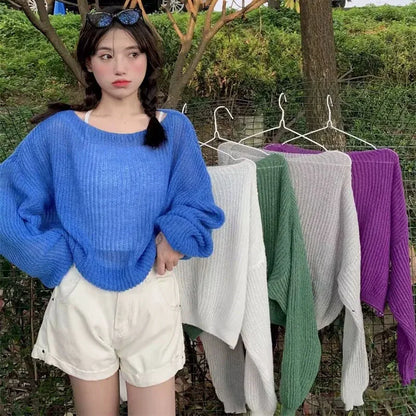 Simple Hollow Out Knitting Sweater Women Lazy Style Off Shoulder Thin Pullover Sweater Female Trendy Loose All-Match Knit Jumper