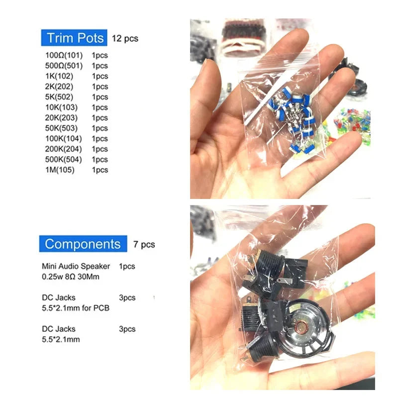 Electronic components kit Final edition Various common capacitors Resistors Resistors Capacitors T0-92 LED transistors PCB DIP-I
