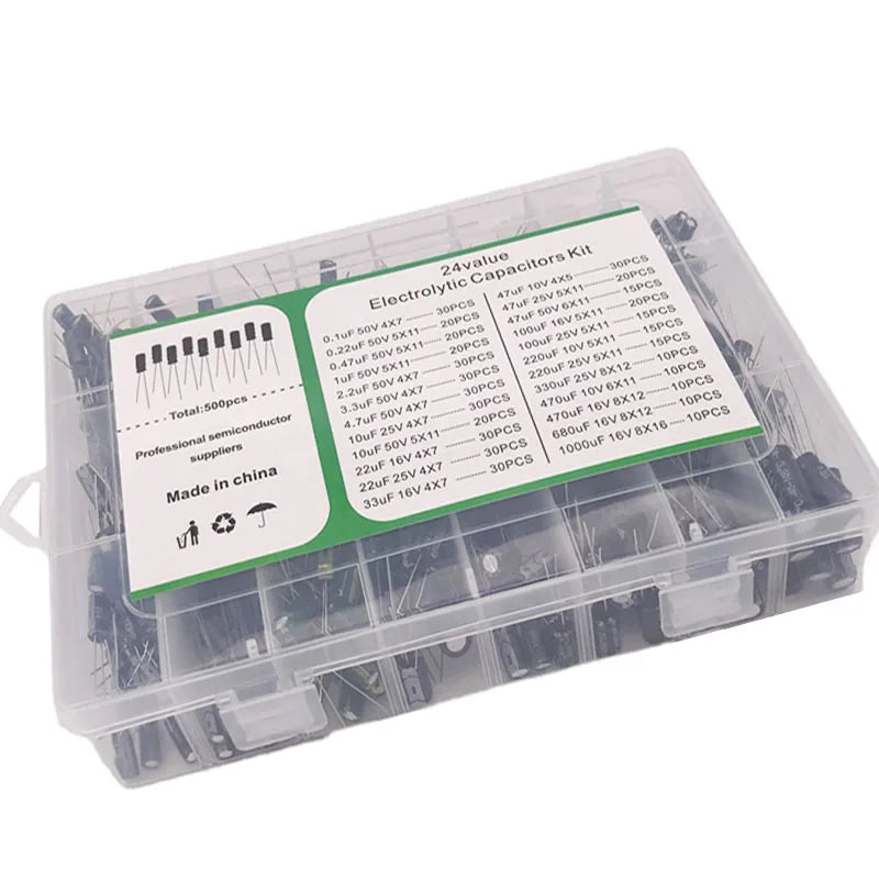 500PCS 10V 16V 25V 50V Electronic Kit 0.1uF-1000uf 24Values elektronik Electrolytic Capacitor Mixed DIP Electrolyte Capacitors