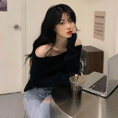 Smvp Slash Neck Knitted Sweater Women Sexy Off Shoulder Long Sleeve Pullovers Female Korean Elegant Thicken Slim Jumpers Top