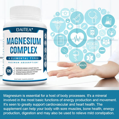 Magnesium Complex Supplement - for Supporting Muscles, Nerves, Heart and Bones, High Absorption Vegetarian Capsules