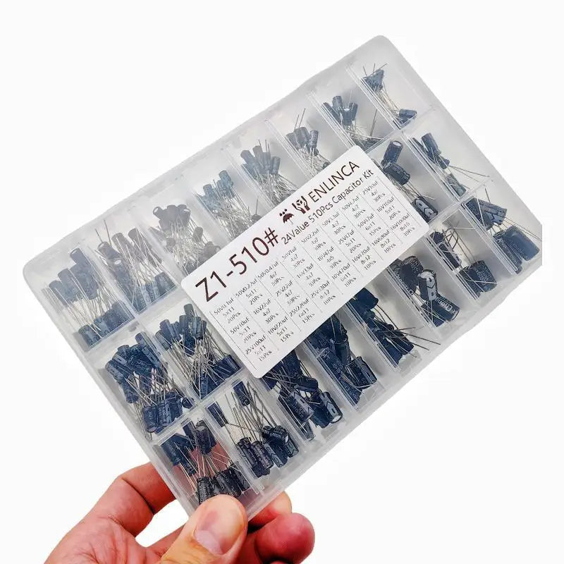 510Pcs/lot 0.1UF-1000UF 24Values Aluminum Electrolytic Capacitors 16-50V mix Electrolytic capacitor Assorted kit and storage box