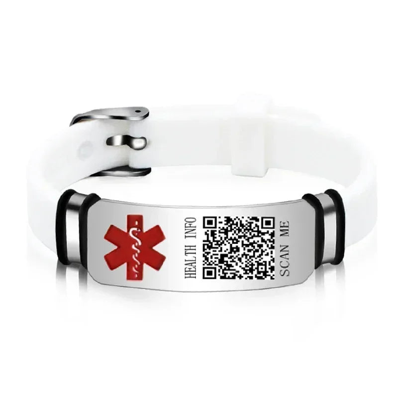 Functional Stainless Steel QR Code Health Wristband with Adjustable Emergency Medical ID Silicone Sports Wristband