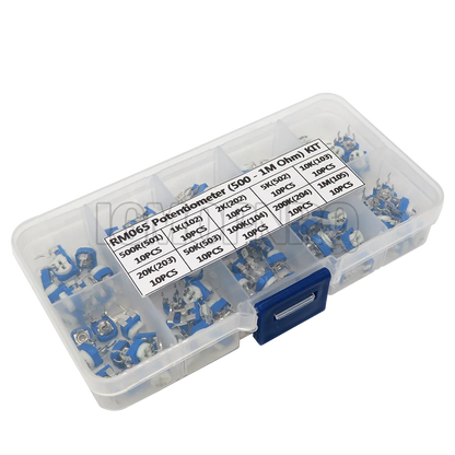 100PCS 10Values *10PCS RM065 Vertical Adjustable Resistor Kit In Box 500 ohm-1M ohm Multiturn Trimmer Potentiometer Set