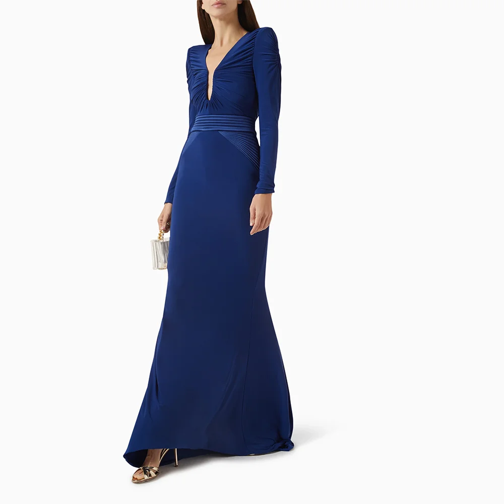 Luxury Evening Dress V-Neck Long Sleeves Pleat Jersey Mermaid Evening Gowns Floor Length Prom Dresses Dress Customized