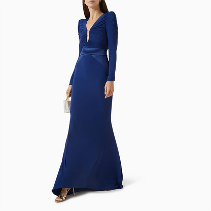 Luxury Evening Dress V-Neck Long Sleeves Pleat Jersey Mermaid Evening Gowns Floor Length Prom Dresses Dress Customized