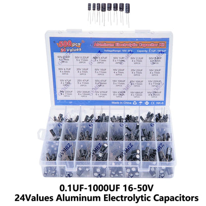 500PCS/lot 16-50V mix Electrolytic capacitor Assorted kit and storage box 0.1UF-1000UF 24Values Aluminum Electrolytic Capacitors