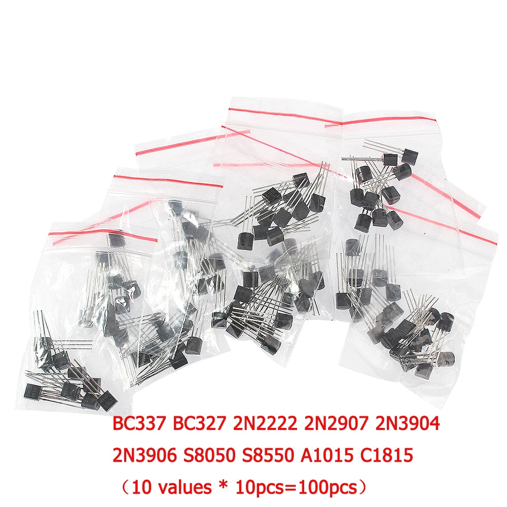 50-900PCS Transistors kit NPN PNP S8050 S8550 S9012 2N3904 2N3906 C1815 A1015 MJE13001 BC327 BC337 BC517 BC547 BC548 BC549 BC558