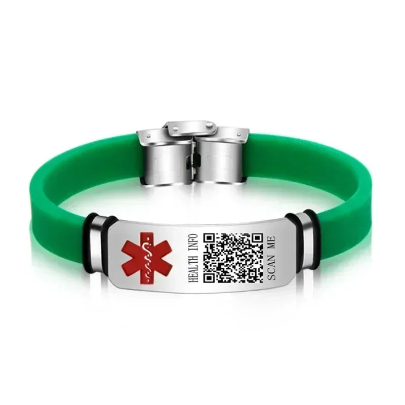 Functional Stainless Steel QR Code Health Wristband with Adjustable Emergency Medical ID Silicone Sports Wristband