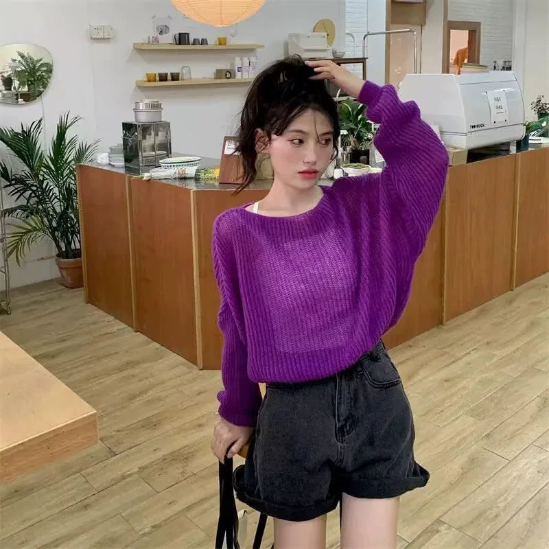 Simple Hollow Out Knitting Sweater Women Lazy Style Off Shoulder Thin Pullover Sweater Female Trendy Loose All-Match Knit Jumper