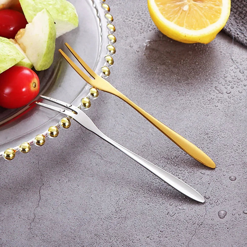 6Pcs Stainless Steel Fruit Fork Small Toothpick Multifunctional Fruit Stick Gold Moon Cake Knife Food Picks Kitchen Accessories