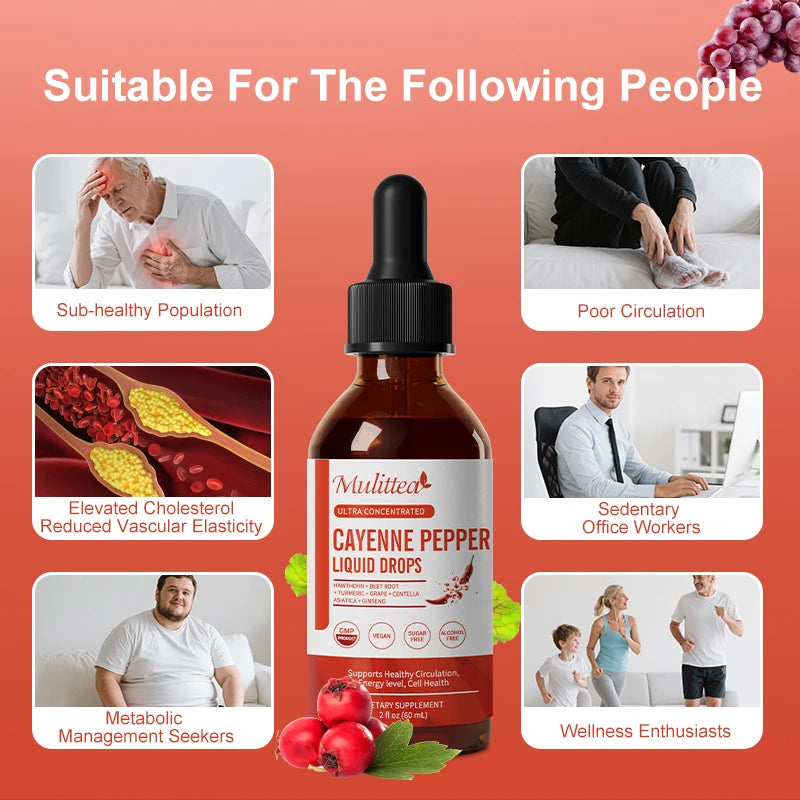 Mulittea Cayenne Pepper Liquid Drops 500mg Organic Cayennee Pepper Supplement- Supports Cardiovascular Health, Improve Digestion