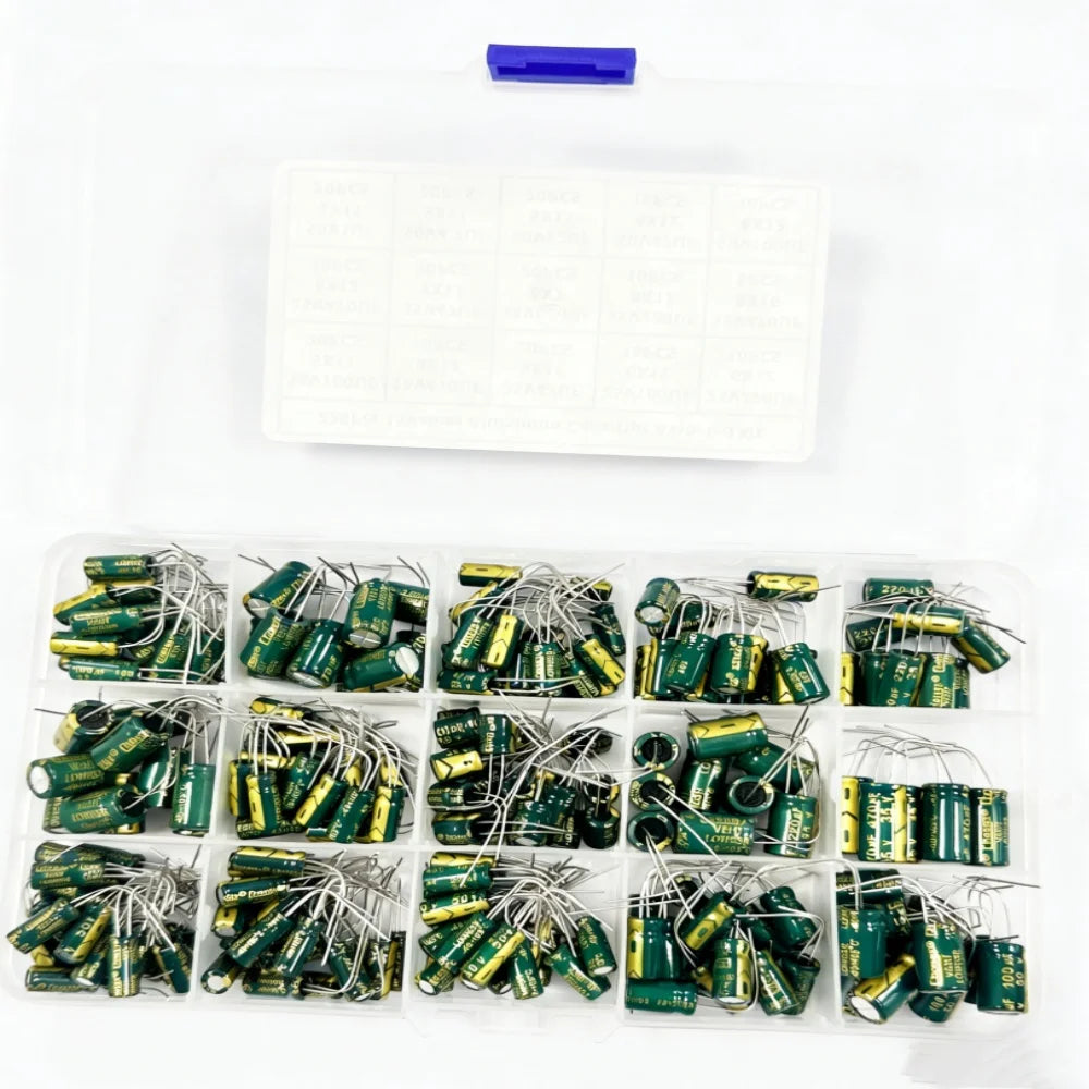 225Pcs/Box Capacitor Kit Aluminum Electrolytic Capacitors Set 15Values 16V-50V 1uF-470uF Assorted Kit Storage Low ESR