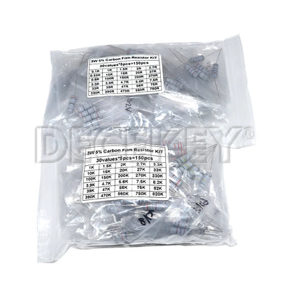 Resistor Kit 1W 2W 3W 5W 5% 30Kinds X 10PCS Carbon Film Resistance 0.1-750 ohm Set 1k-820K 30Kinds X 5PCS