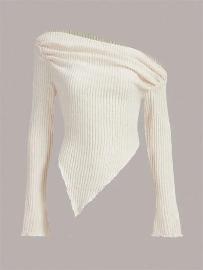 Women Grunge Punk Asymmetrical Neck Rib Knit Long Sleeve Top Handkerchief Hem Tee Shirt Y2K Clothes Streetwear 2024 Fall Winter