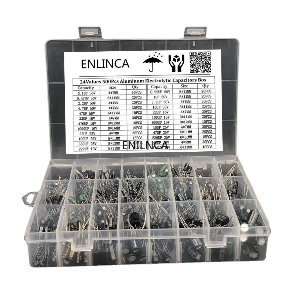 510Pcs/lot 0.1UF-1000UF 24Values Aluminum Electrolytic Capacitors 16-50V mix Electrolytic capacitor Assorted kit and storage box