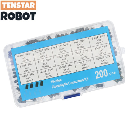 200pcs/lot Radial capacitors set 15Values 10V 16V 25V 50V 0.1uF-220uF Electrolytic Capacitor Assortment Kit 0.22uf 2.2uf 100uf