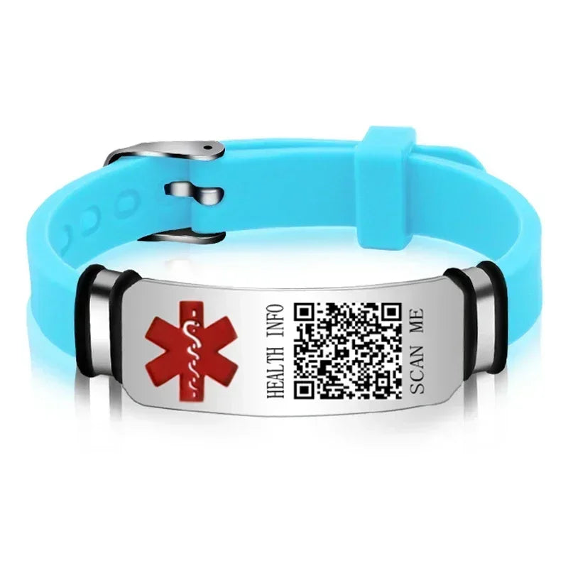 Functional Stainless Steel QR Code Health Wristband with Adjustable Emergency Medical ID Silicone Sports Wristband