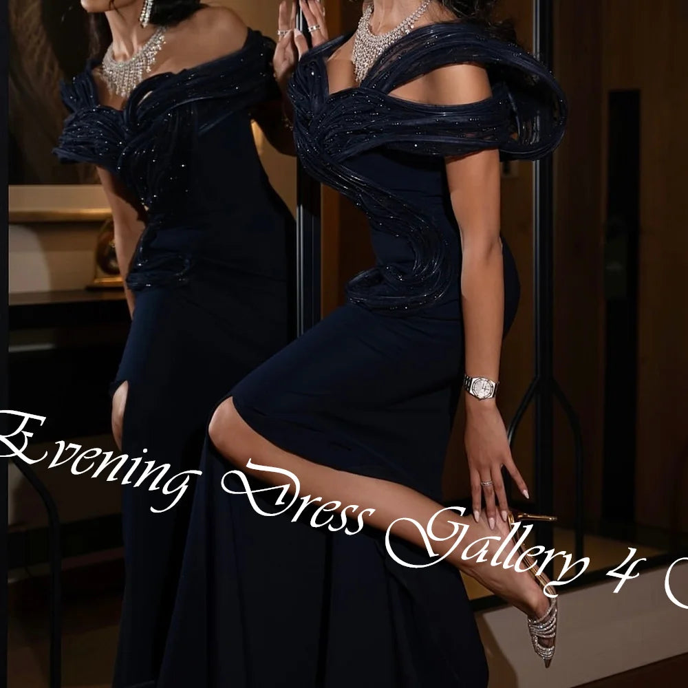 Customized  Delicate Sequined Ruched Boat Neck Floor Length Side Slit платье вечернее Jersey Off The Shoulder Vestidos