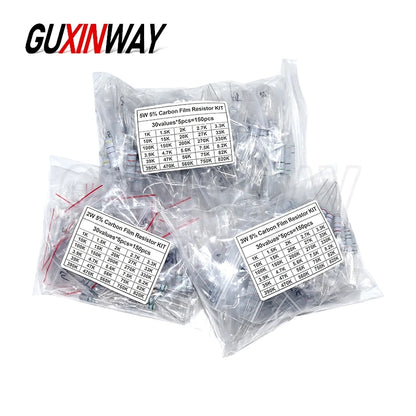 150PCS Resistor Kit 2W 3W 5W 5% 30valuesX5PCS Carbon Film Resistance 0.1R-750R ohm 1K-820K Set