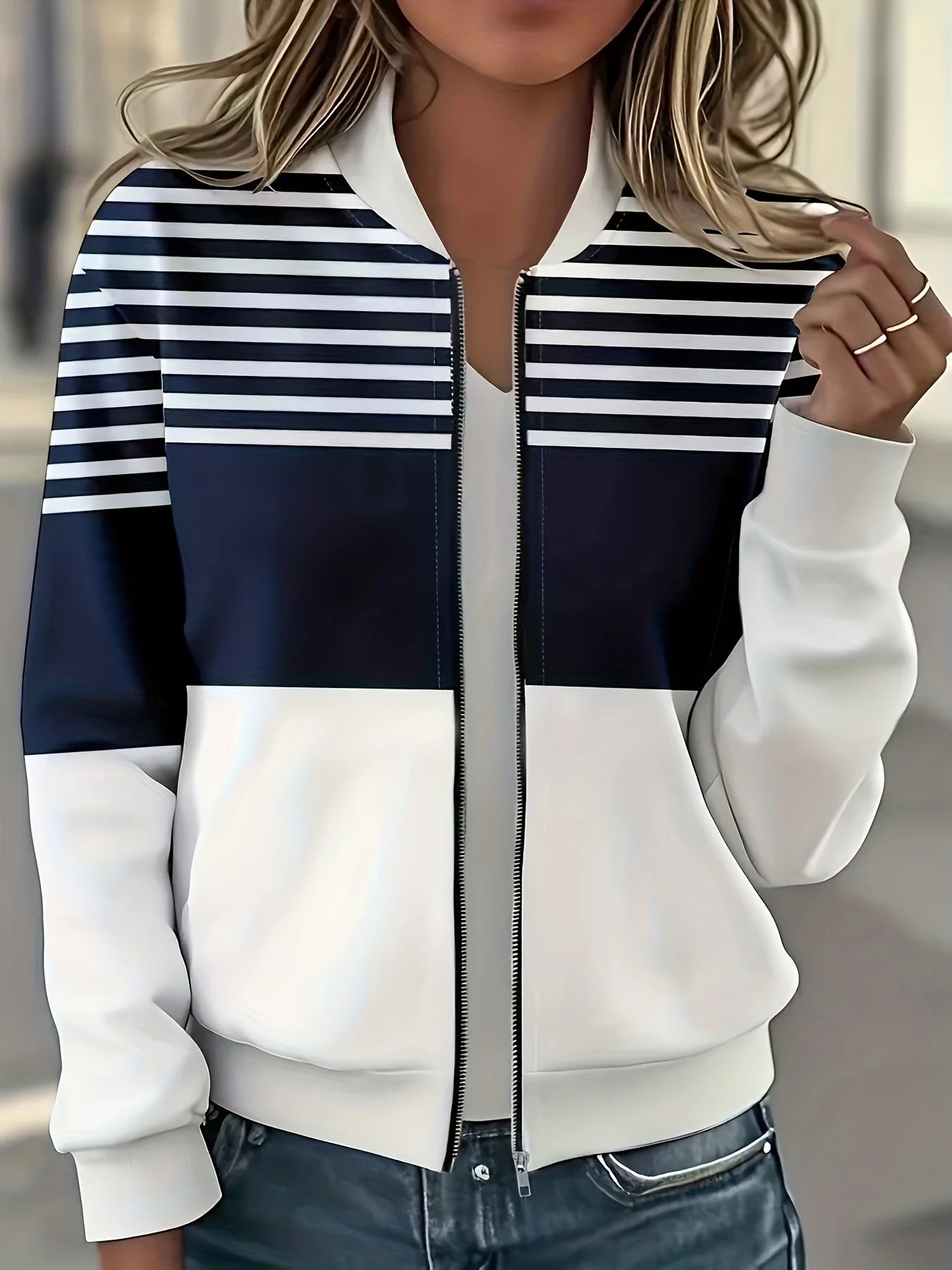 Spring and Autumn New Fashion Women's Striped Print Zipper Outerwear Casual Women's Jacket Long Sleeve Baseball Jersey Top