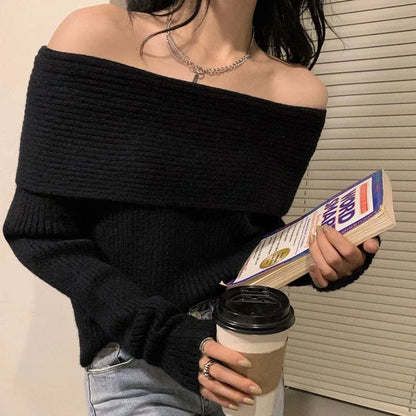 Smvp Slash Neck Knitted Sweater Women Sexy Off Shoulder Long Sleeve Pullovers Female Korean Elegant Thicken Slim Jumpers Top