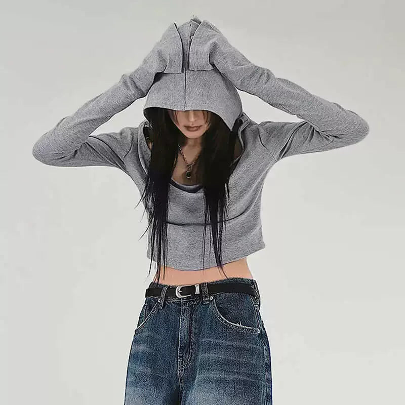 Flare Long-sleeve Hooded Crop Top Women Fall Solid Color Elastic Casual Tee Shirt Pullover Pile Collar Y2k T-shirt