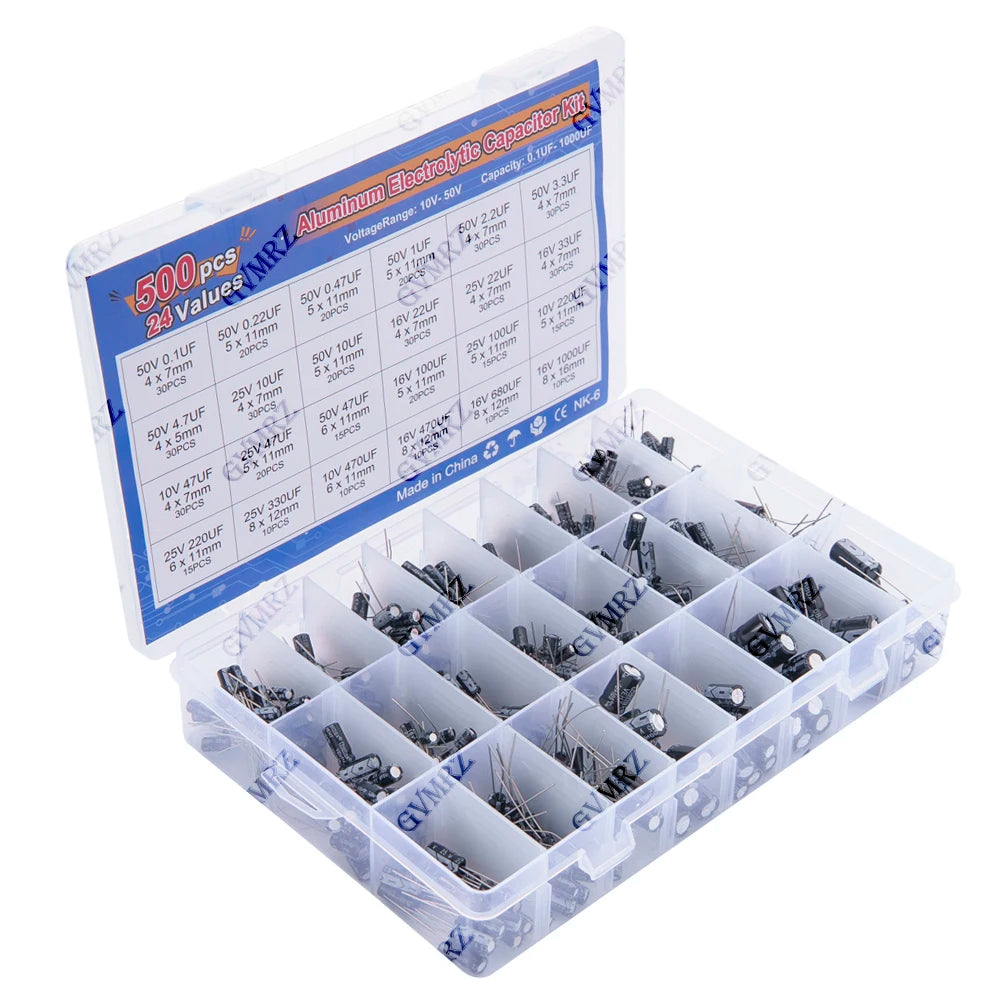 500PCS/lot 16-50V mix Electrolytic capacitor Assorted kit and storage box 0.1UF-1000UF 24Values Aluminum Electrolytic Capacitors