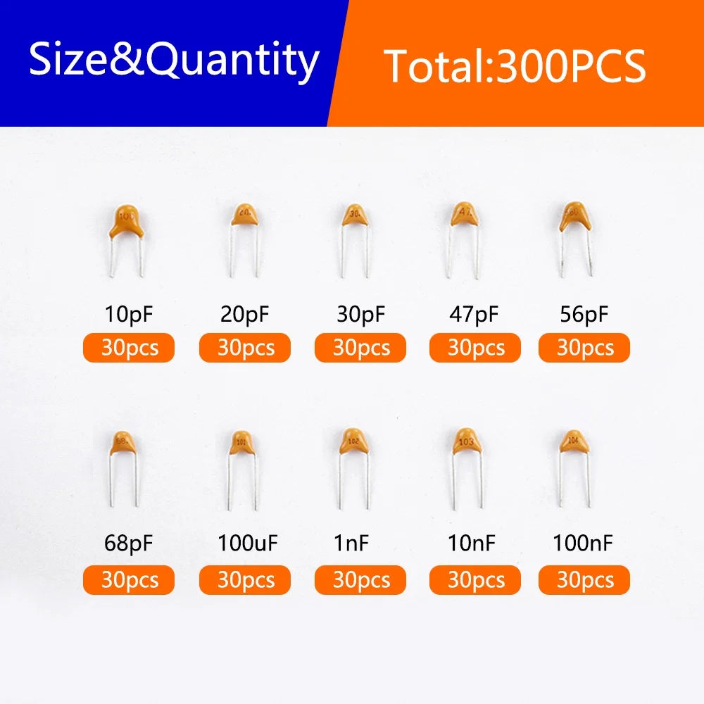 300PCS individual stone capacitors, 30 pieces each in 10 specifications (10PF -100NF), with 300 individual stone plugs