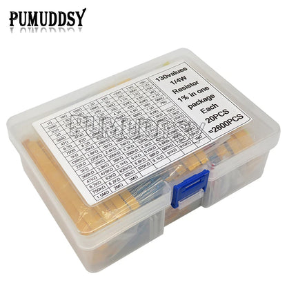 2600PCS/lot 130 Values 1/4W 0.25W 1% Metal Film Resistors Assorted Pack Kit Set Lot Resistors Assortment Kits Fixed resistor