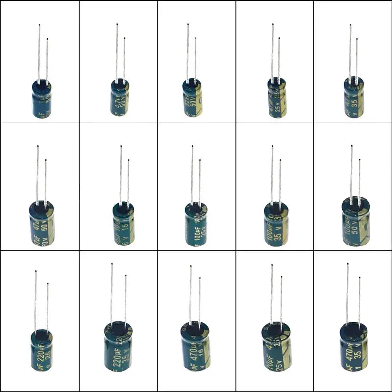 225Pcs 15Value Aluminum Electrolytic Capacitors Set 16V-50V 1uF-470uF green Assorted Kit Storage Low ESR