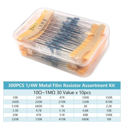 300/600PCS 1/4W Metal Film Resistor Kit Resistance 1% 30 values 10 Ohm ~1M 0.25w Resistors Set