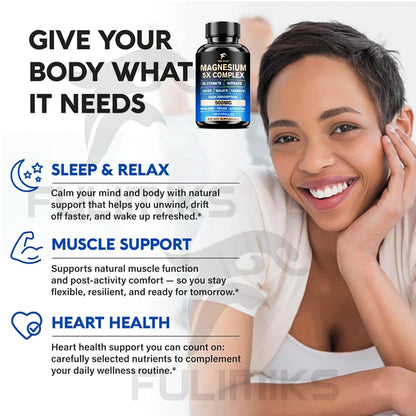 Magnesium Pills Supplement - 5 in 1 Complex, Glycinate, Citrate, Malate, Taurate, Oxide - Stress, Muscle & Heart Support