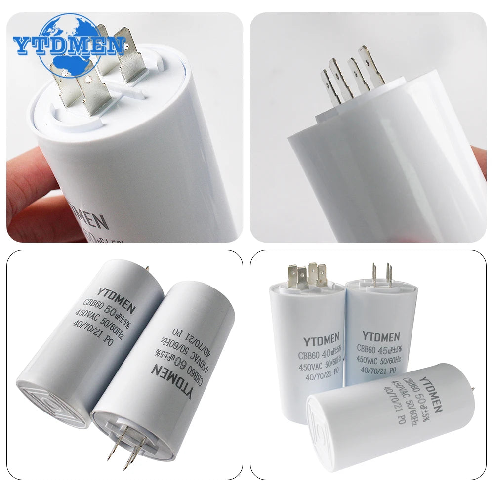 1PCS CBB60 Starting Capacitor 450VAC 4pin Double Insert Electric Replacement Motor Run Capacitors 4UF 5UF 6UF 8UF 16UF 20UF 60UF