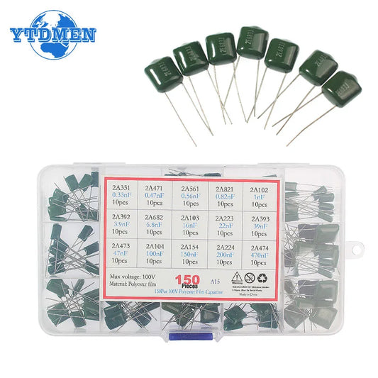 150/180/620PCS Polyester Film Capacitor Kit 100V 1nF 1.5nF 2.2nF 100nF 2A102J 2A471J 2A222J 2A392J 2A332J 2A472J 2A103J 2A473J
