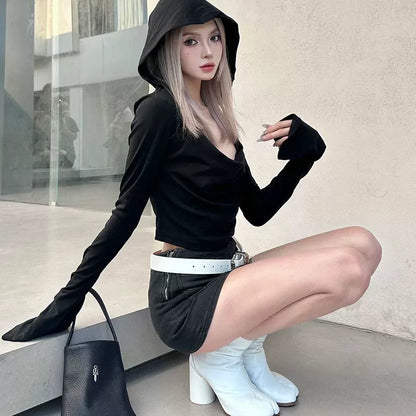 Flare Long-sleeve Hooded Crop Top Women Fall Solid Color Elastic Casual Tee Shirt Pullover Pile Collar Y2k T-shirt