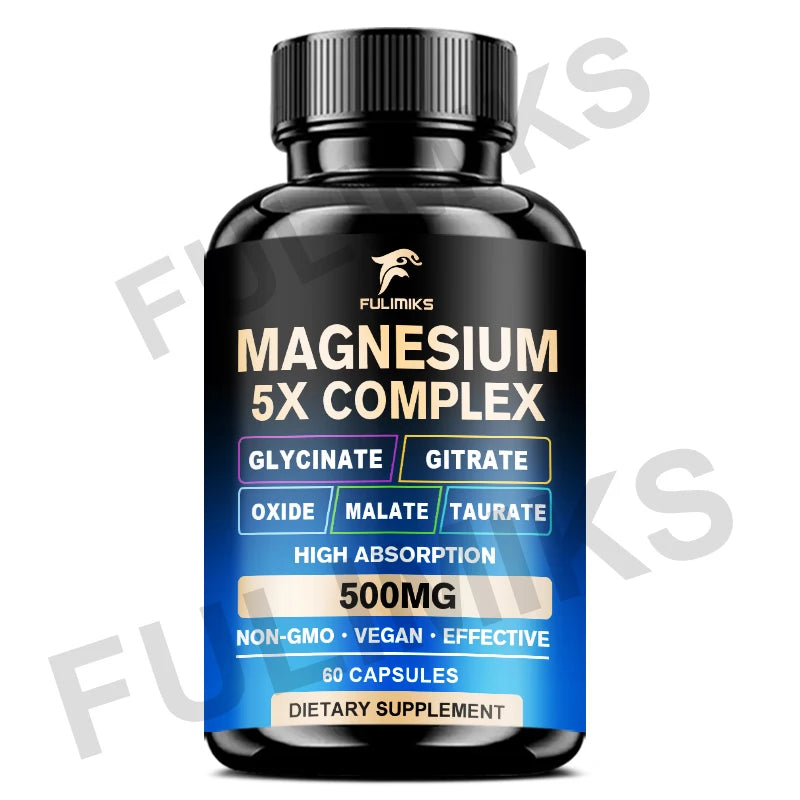 Magnesium Pills Supplement - 5 in 1 Complex, Glycinate, Citrate, Malate, Taurate, Oxide - Stress, Muscle & Heart Support