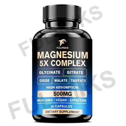 Magnesium Pills Supplement - 5 in 1 Complex, Glycinate, Citrate, Malate, Taurate, Oxide - Stress, Muscle & Heart Support