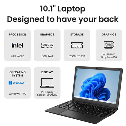 2025 Portable 10.1 Inch Mini Laptop Intel Celeron N4000 8GB RAM 128GB SSD Windows 11 Slim Lightweight Notebook for Student Offic
