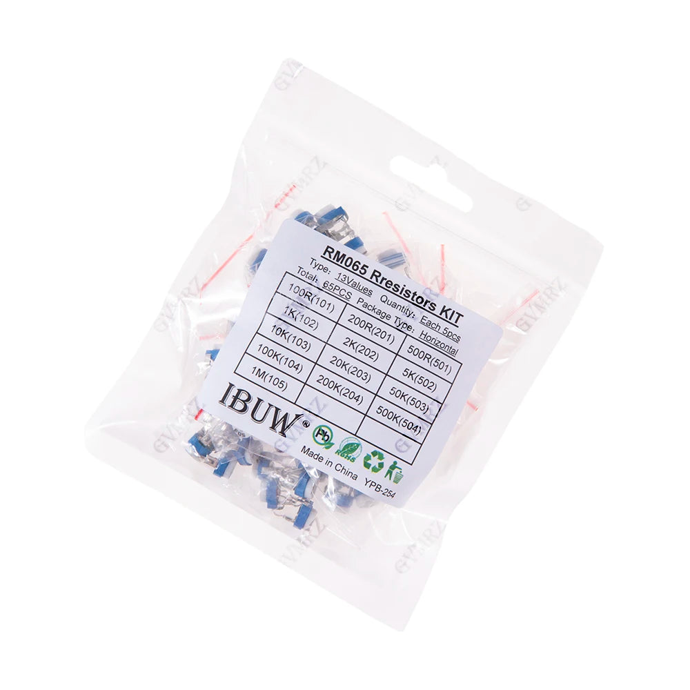 65PCS Trimmer Resistor RM063 Adjustable Resistance 100R~1M Potentiometers 1K 5K 10K 20K 50K 100K 500K 1M