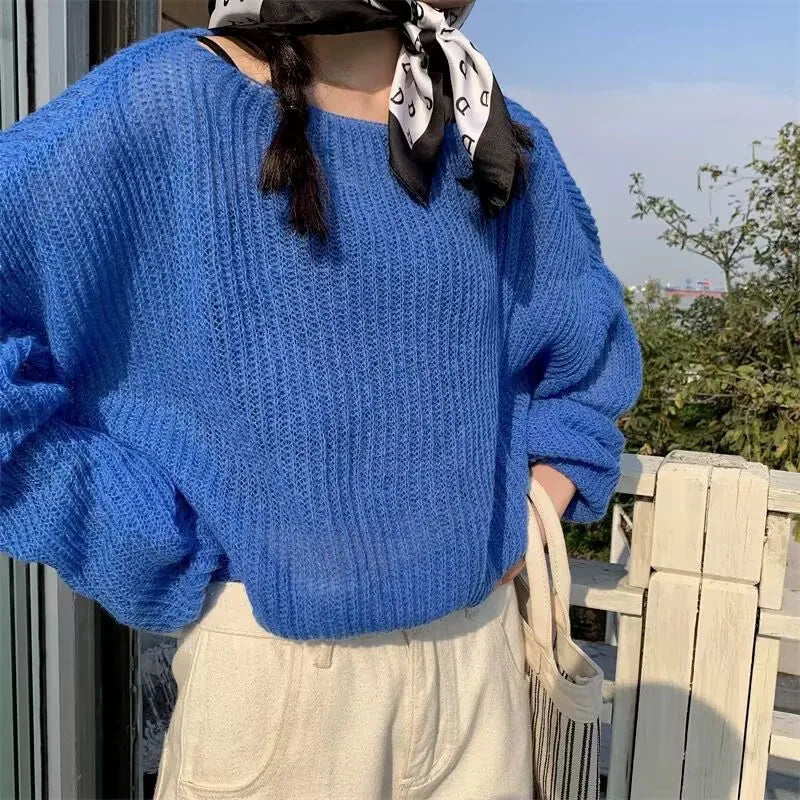 Simple Hollow Out Knitting Sweater Women Lazy Style Off Shoulder Thin Pullover Sweater Female Trendy Loose All-Match Knit Jumper