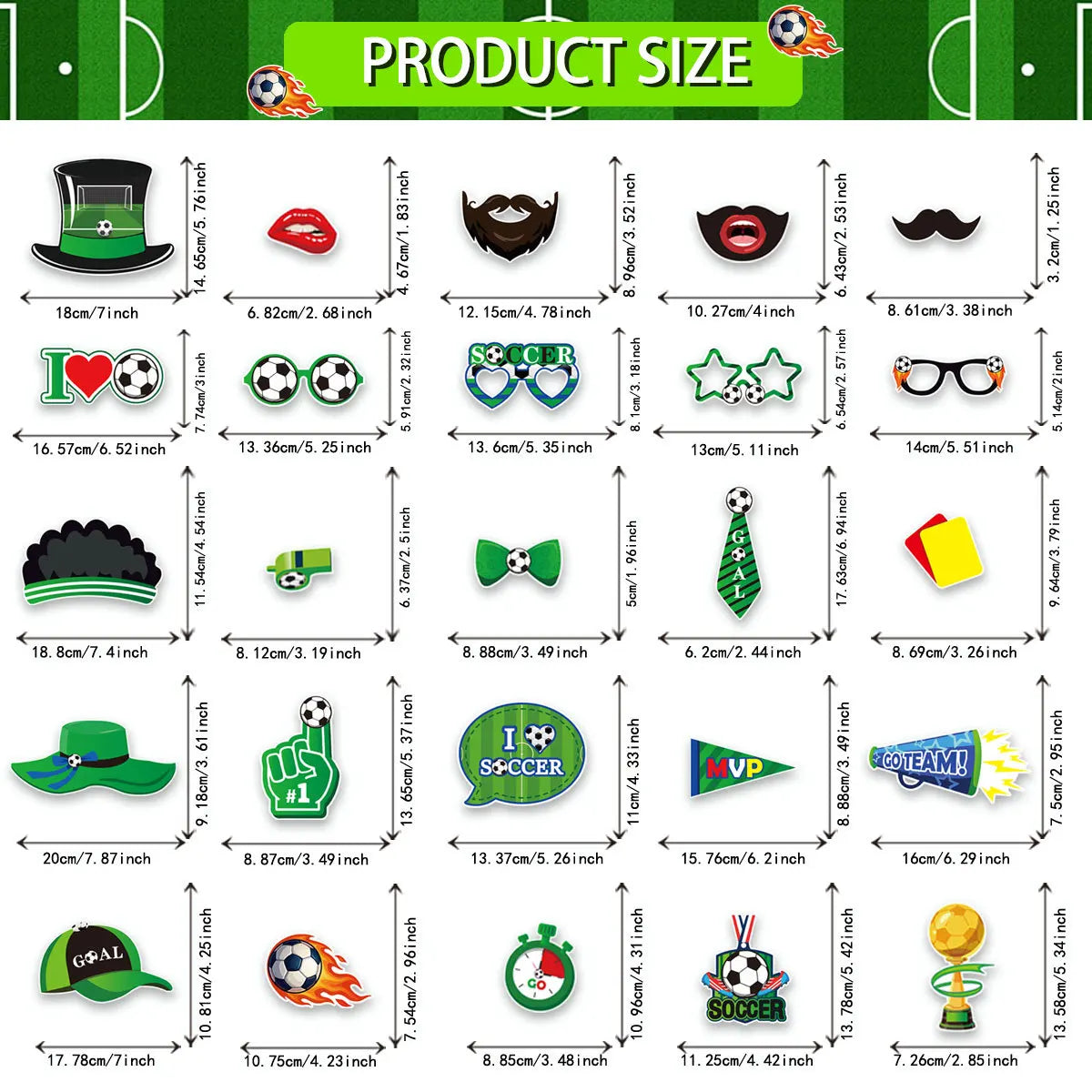 25Pcs Soccer Game Football Sports Photo Shoot Props Supply Party Funny DIY Glasses Lips Photo Booth Prop Birthday Backdrop Decor