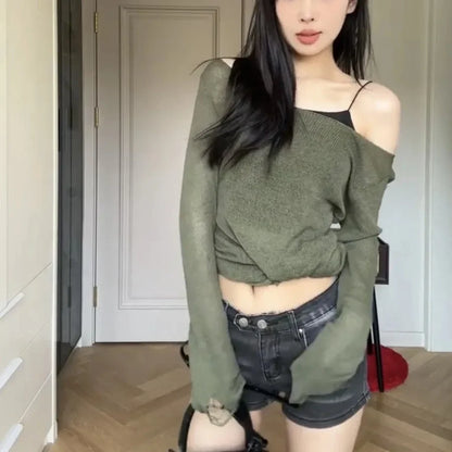 Punk Gothic Mid-long Length Knitted Tops Women 2024 Solid Hollow Out Hole Y2k Aesthetic Slash Neck Streetwear Pullover Female