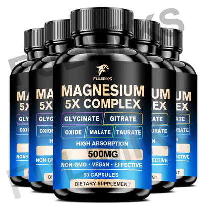 Magnesium Pills Supplement - 5 in 1 Complex, Glycinate, Citrate, Malate, Taurate, Oxide - Stress, Muscle & Heart Support